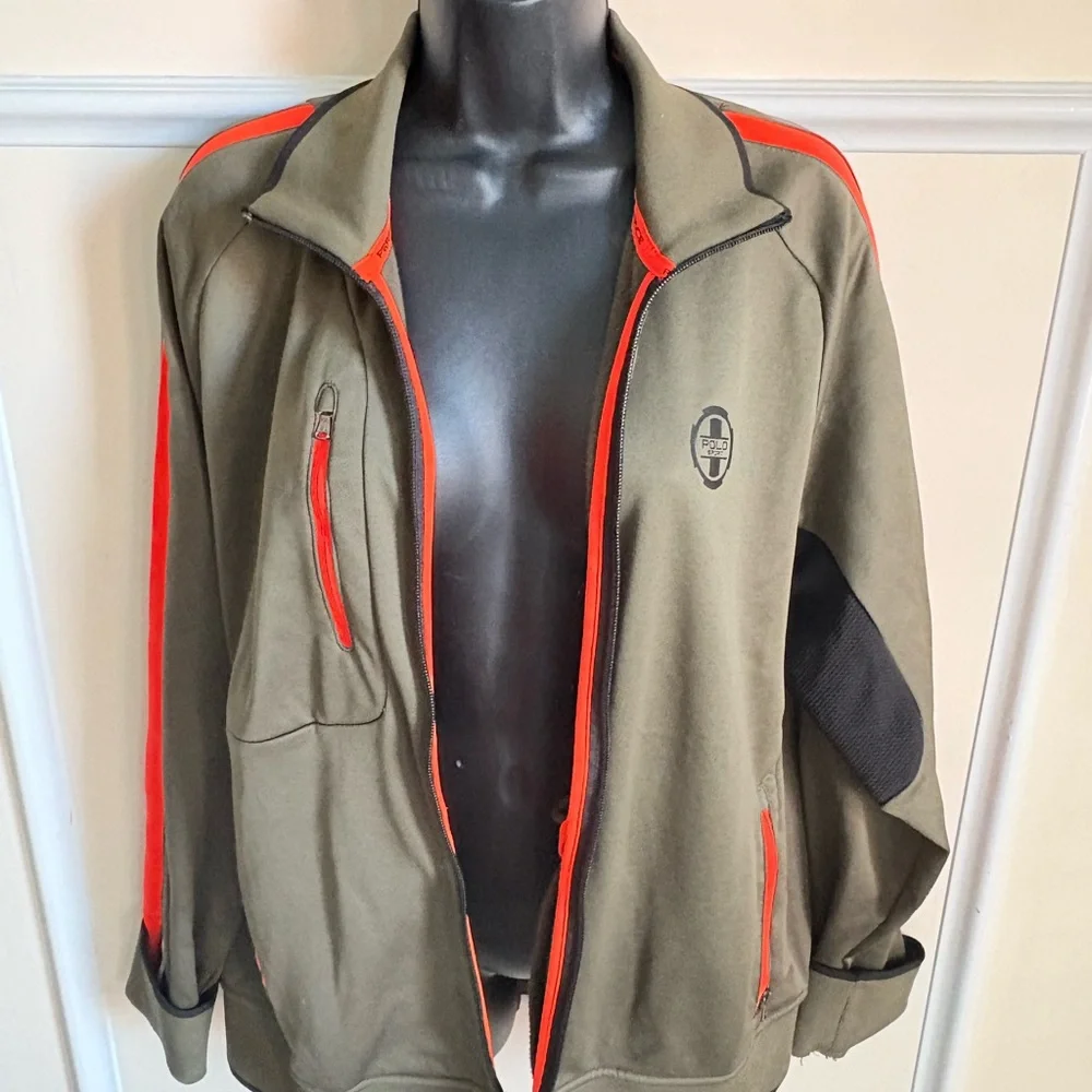 Ralph Lauren Large Polo Performance Olive Green Jacket with Bright Orange Trim - Picture 1 of 5